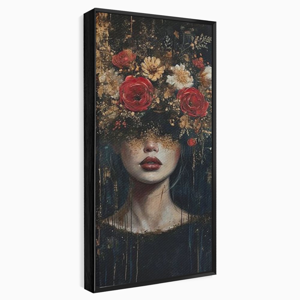 Tablou canvas cu tablou canvas cu portret de femeie si trandafiri rosii, in rama de aluminiu negru